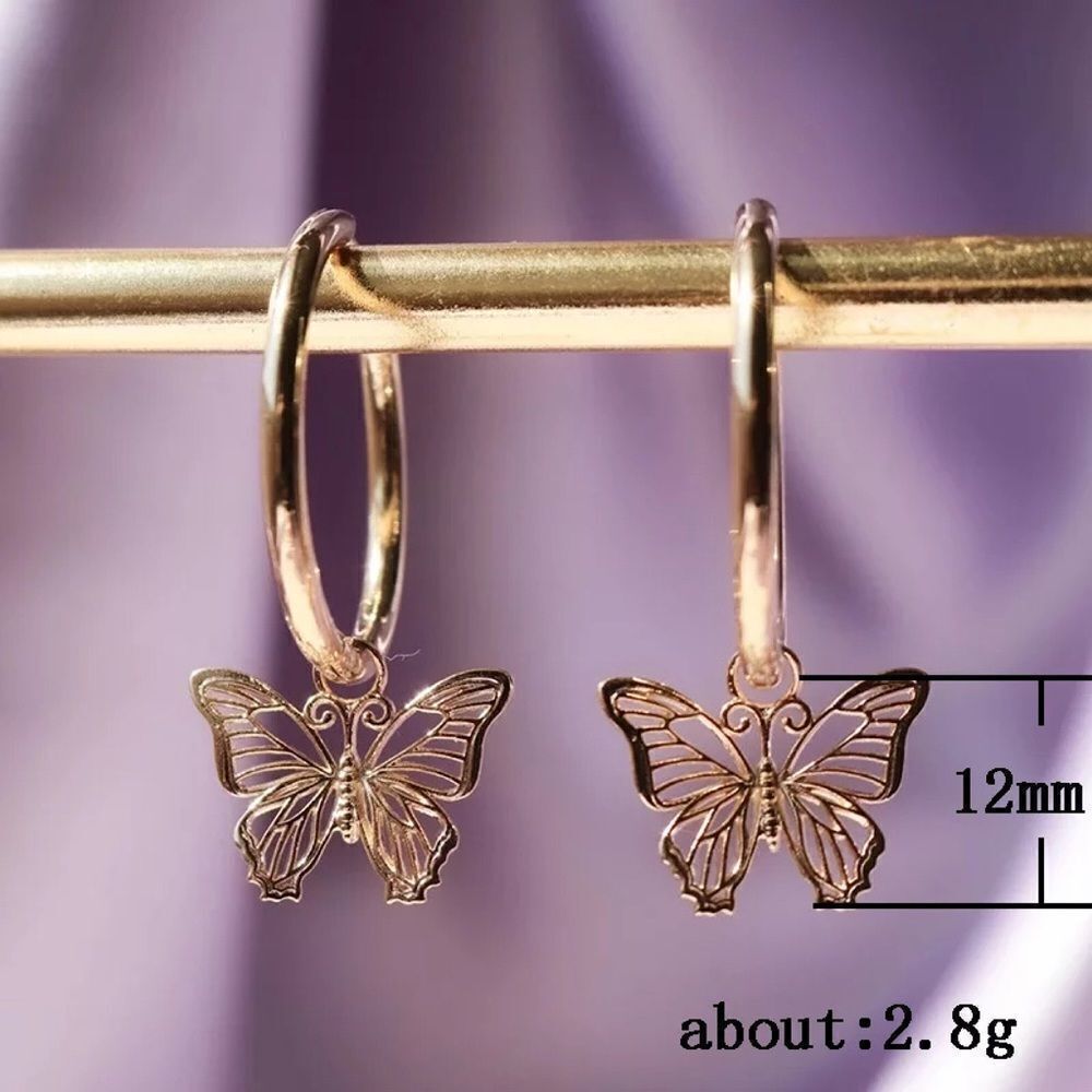 A162 14K ROSE GOLD PLATED BUTTERFLY DROP HOOP EARRINGS - Picture 4 of 6